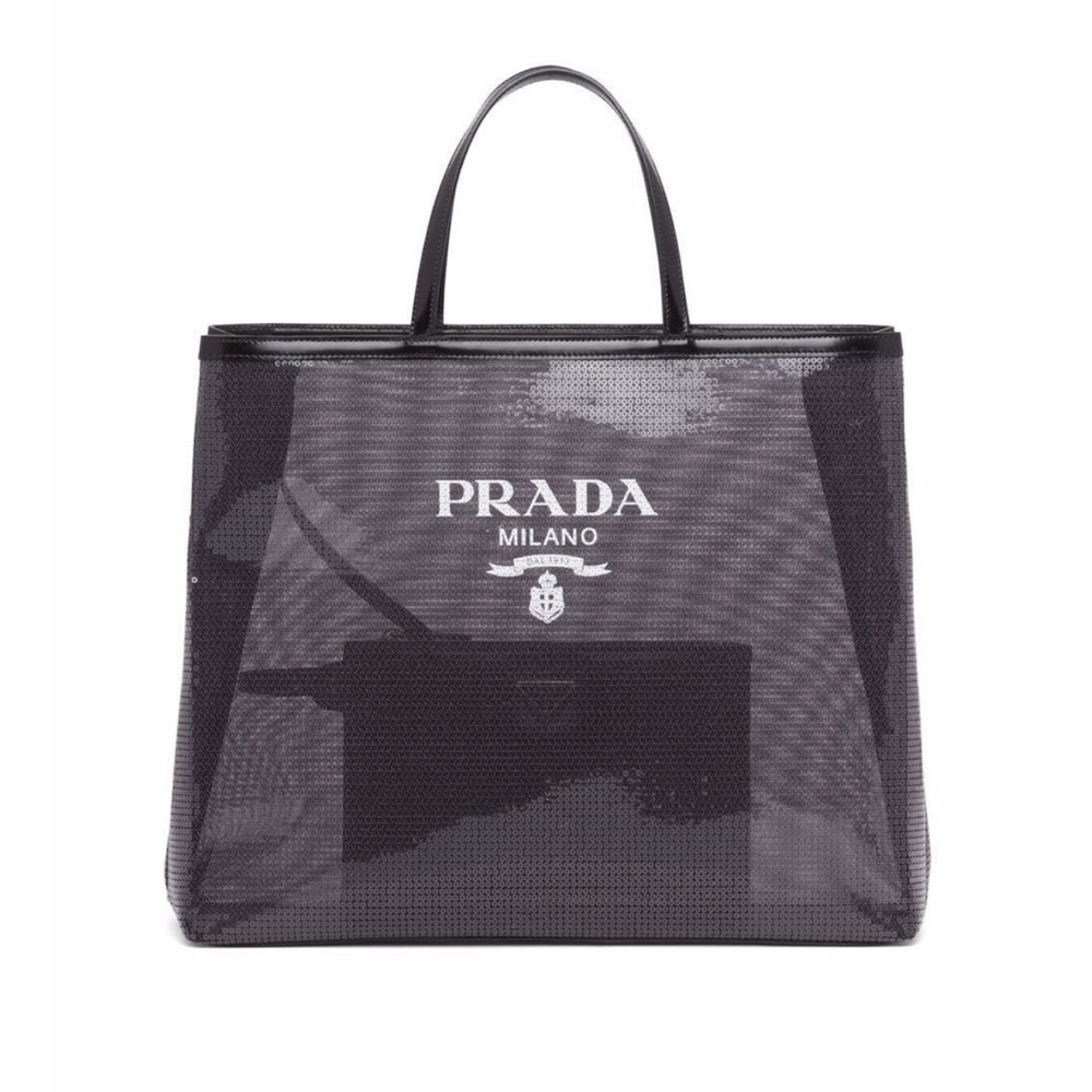 NWT PRADA Black sequined logo-print  mesh  tote bag